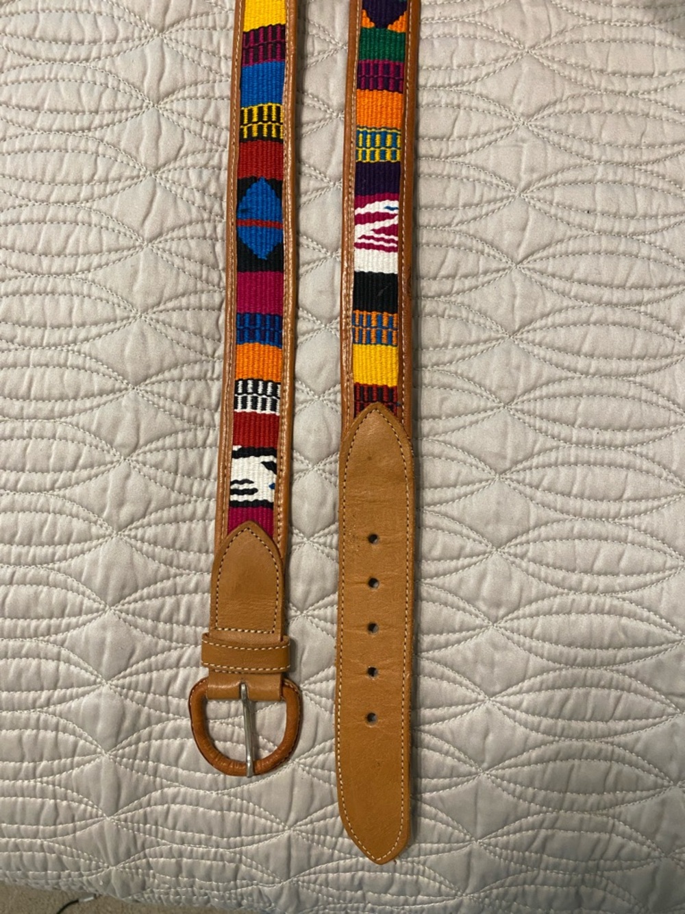 Handcrafted leather and colorful fabric belt Sz 38